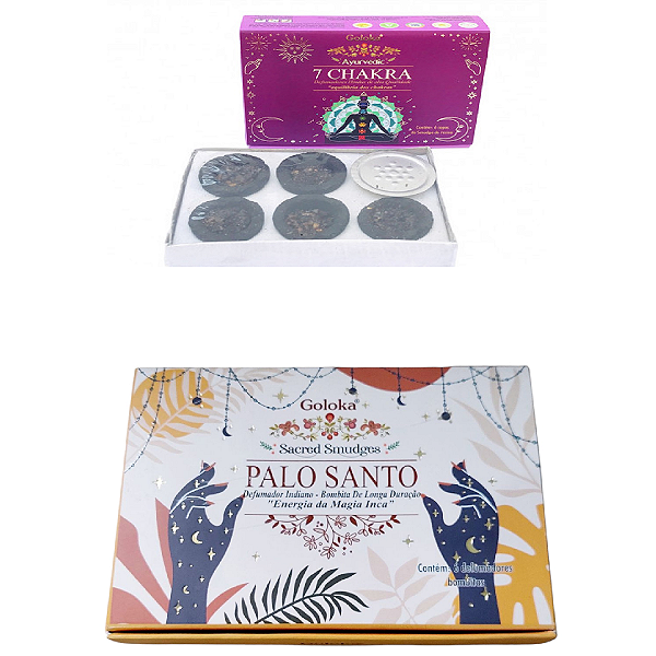 KIT 2 INCENSO DEFUMADOR Hindu GOLOKA 1 7 CHAKRA 1 PALO SANTO