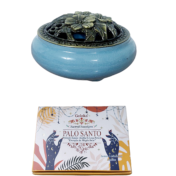 INCENSARIO TURÍBULO Porcelana AZUL + DEFUMADOR palo santo
