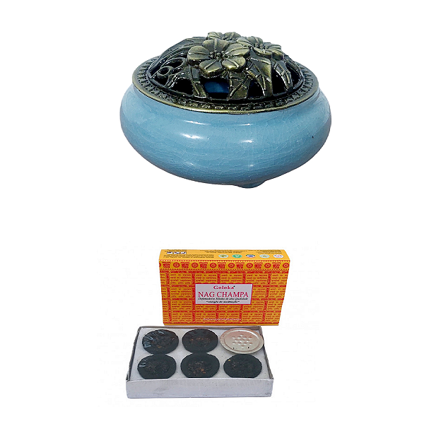 INCENSARIO TURÍBULO Porcelana AZUL + DEFUMADOR NAG CHAMPA