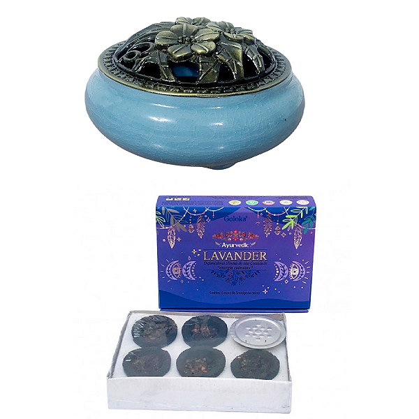 INCENSARIO TURÍBULO Porcelana AZUL + DEFUMADOR lavanda