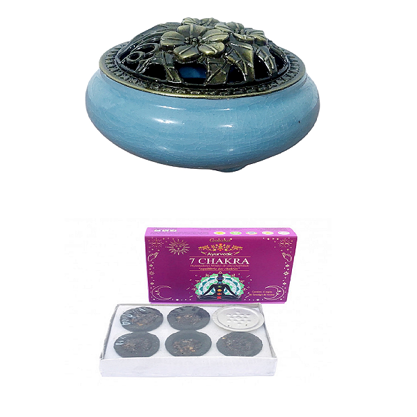 INCENSARIO TURÍBULO Porcelana AZUL + DEFUMADOR  7 CHAKRA
