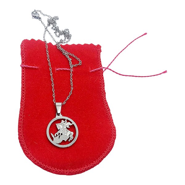 Colar Aço Inox Pingente São Jorge guerreito Redondo Vazado