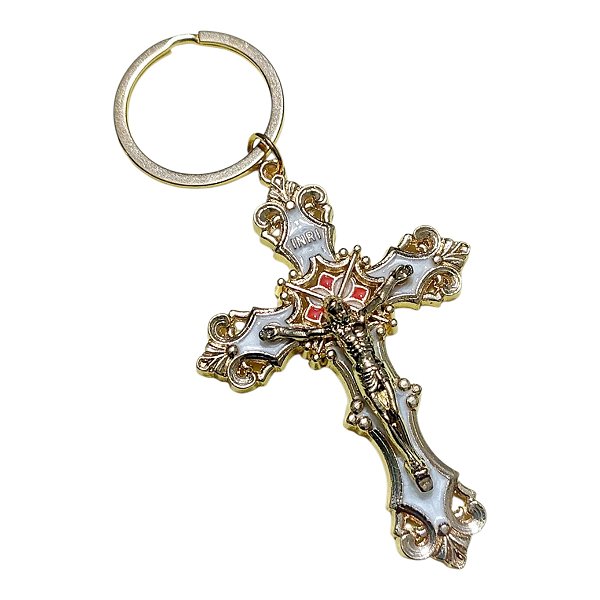 CHAVEIRO CRUZ SÃO BENTO DOURADO BRANCO RELIGIOSO CRUCIFIXO