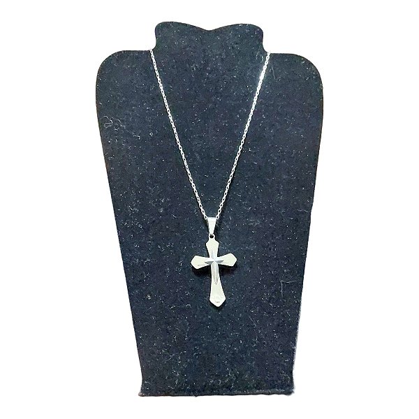 COLAR corrente tijolinho AÇO INOX 70CM CRUZ RELEVO 6X3 prata