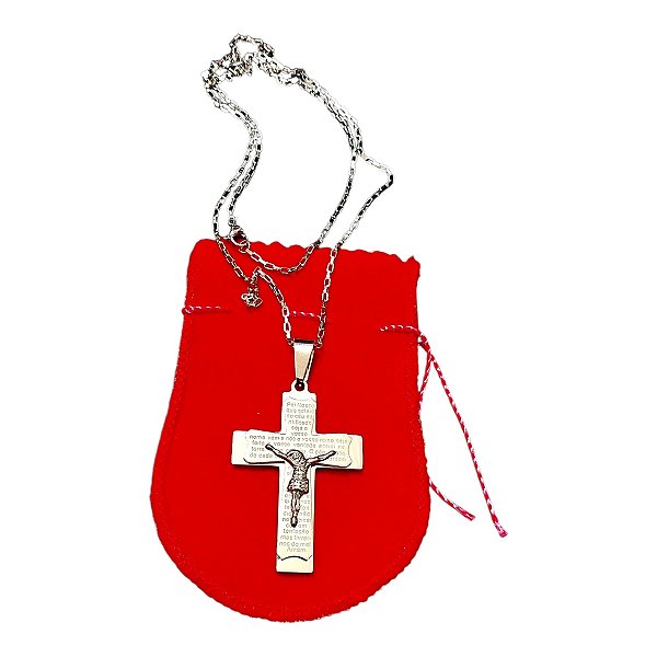 COLAR corrente AÇO INOX 60 CM tijolinho crucifixo PAI NOSSO
