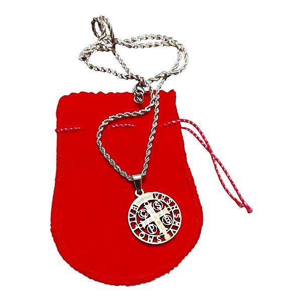 COLAR TRANÇADO CORDÃO BAIANO AÇO INOX 70CM MEDALHA SÃO BENTO