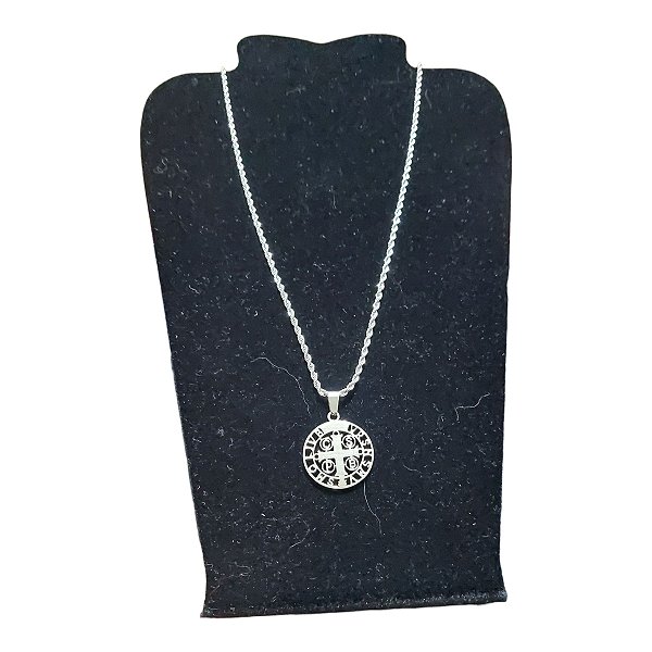 COLAR TRANÇADO CORDÃO BAIANO AÇO INOX 60CM MEDALHA SÃO BENTO