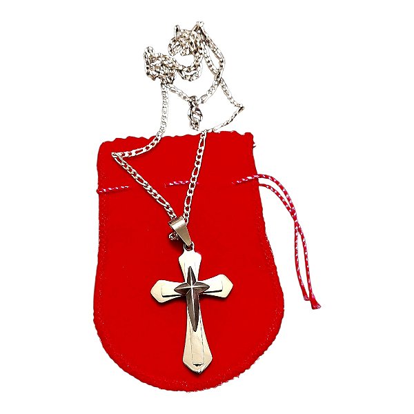 COLAR CORRENTE AÇO INOX FÍGARO 60cm pingente CRUZ RELEVO 6X3