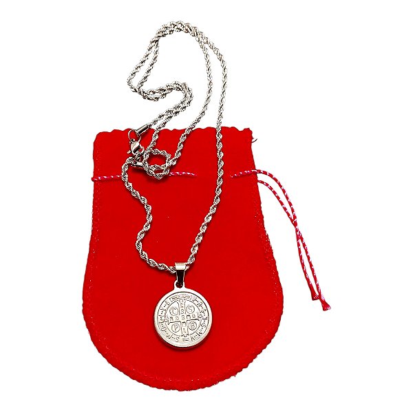 COLAR TRANÇADO CORDÃO BAIANO AÇO INOX MEDALHA SÃO BENTO 2 CM
