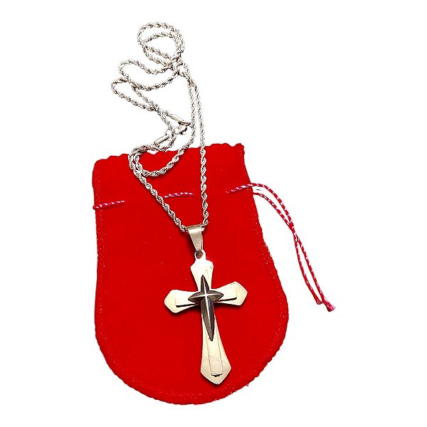 COLAR TRANÇADO CORDÃO BAIANO AÇO INOX PINGENTE CRUZ RELEVO