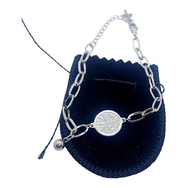 Pulseira Aço Inox Elos Medalha São Bento Bolinha consagração