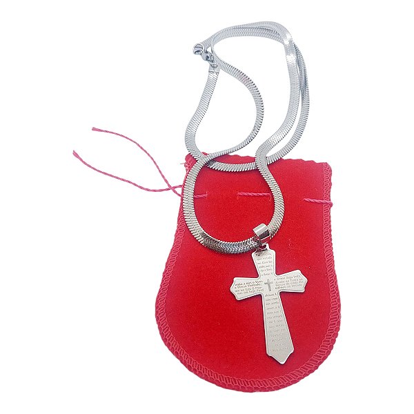 Corrente colar Aço Inox Snake Serpente CRUZ ORAÇÃO pai nosso