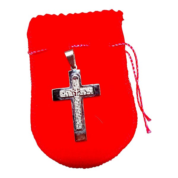 PINGENTE AÇO INOX PRATA CRUZ RELEVO ORAÇÃO RELIGIOSO