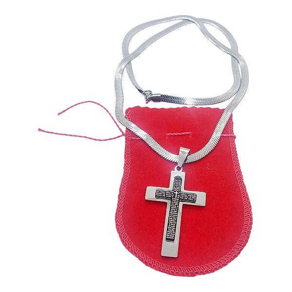 Corrente colar Aço Inox Snake Serpente CRUZ RELEVO PRETO