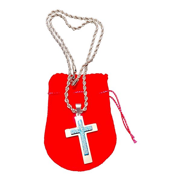 COLAR CORRENTE BAIANO AÇO INOX TRANÇADA cruz AZUL ORAÇÃO