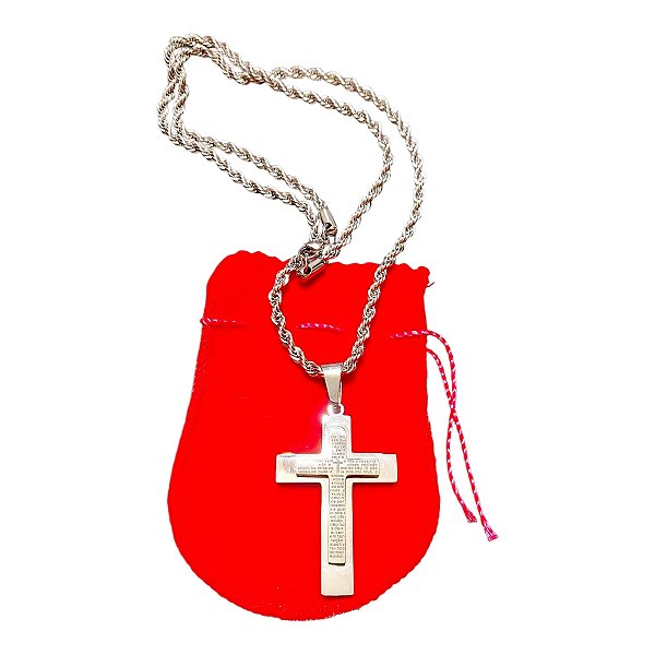 COLAR CORRENTE BAIANO AÇO INOX TRANÇADA cruz PRATA ORAÇÃO