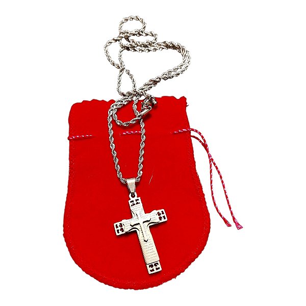 COLAR TRANÇADO BAIANO 70 CM AÇO INOX CRUZ RELEVO ORAÇÃO