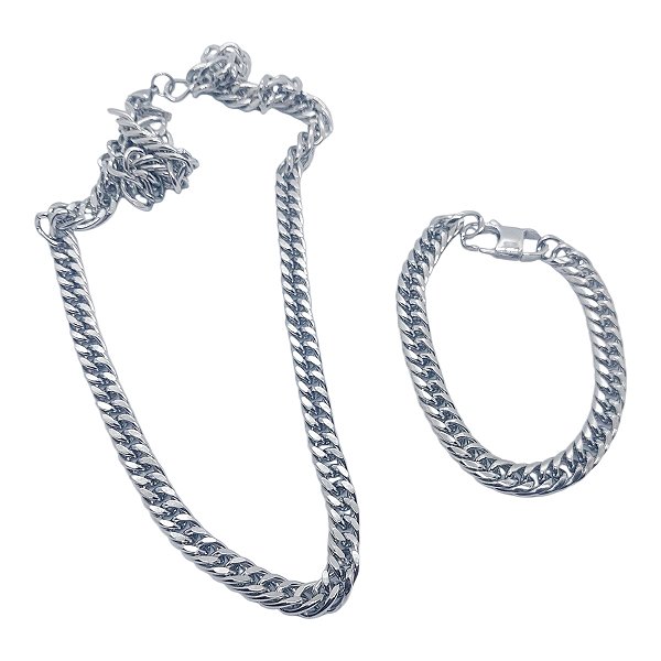 kit Corrente e pulseira Grumet Elo Duplo Aço Inox Grossa