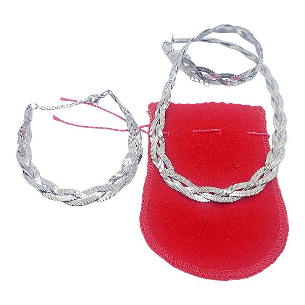 KIT Colar gargantilha PULSEIRA Aço Inox Snake Trançada 9mm