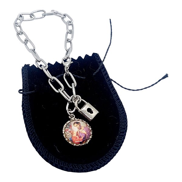 Pulseira aço inox medalha são jose cadeado Consagração santo