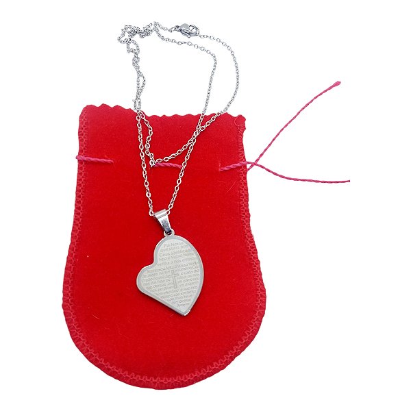 Colar corrente Aço Inox Pingente Coração Oração Pai Nosso