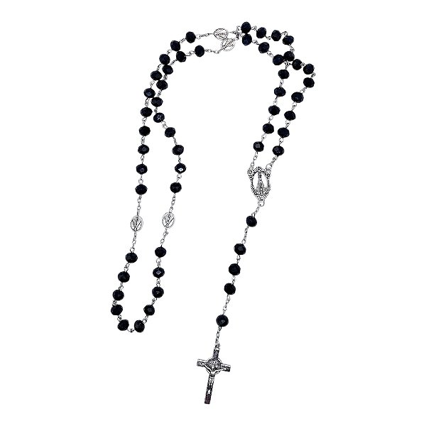 TERÇO NOSSA SENHORA APARECIDA CRISTAL preto metal 50cm x 8mm