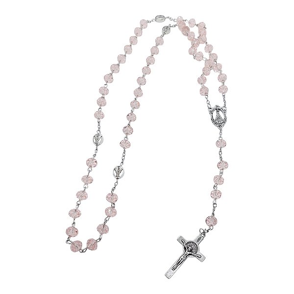 TERÇO NOSSA SENHORA APARECIDA CRISTAL rosa metal 50cm x 8mm