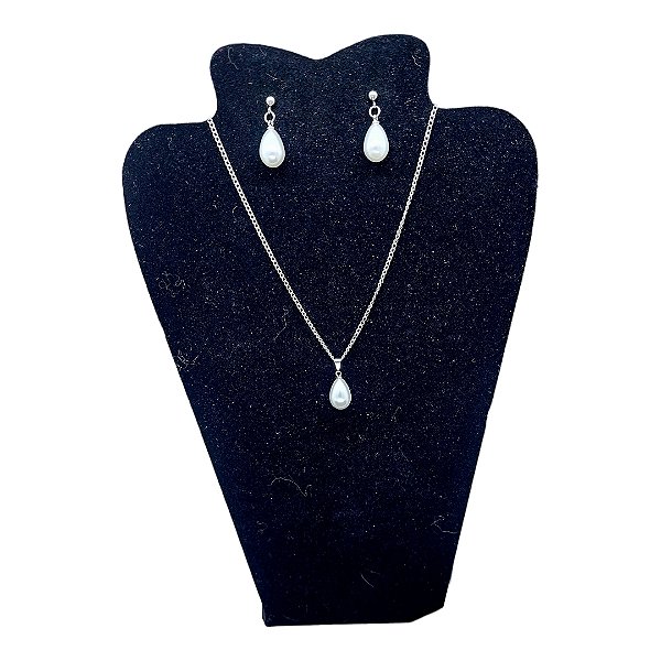 Conjunto Feminino CHOKER Colar Brinco Aço Inox Pérola GOTA