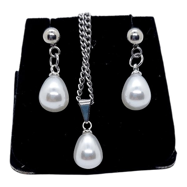 Conjunto Feminino Colar Brinco Aço Inox Pérola Gota Dágua