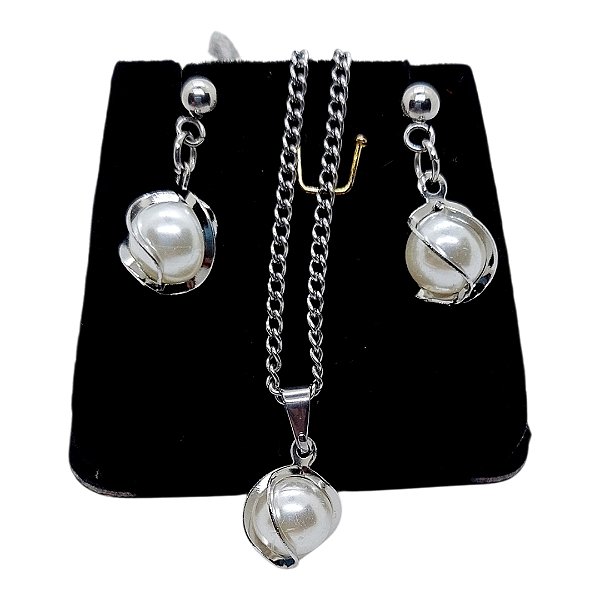 Conjunto Feminino GARGANTILHA Colar Brinco Aço Inox Pérola