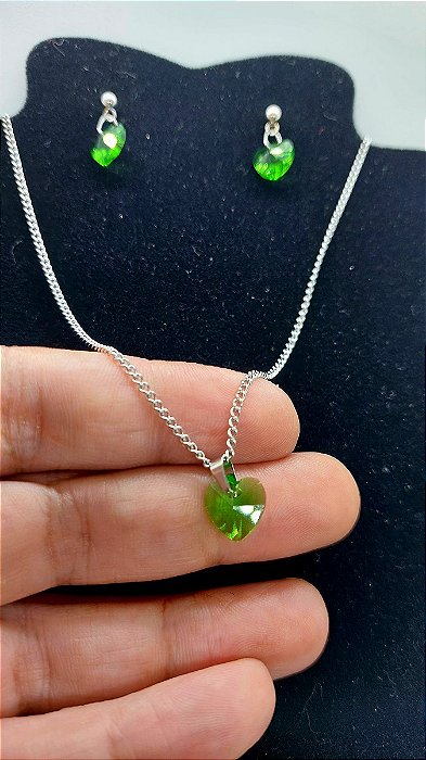 Colar Brinco zircônia Ponto De Luz CORAÇÃO Aço Inox VERDE