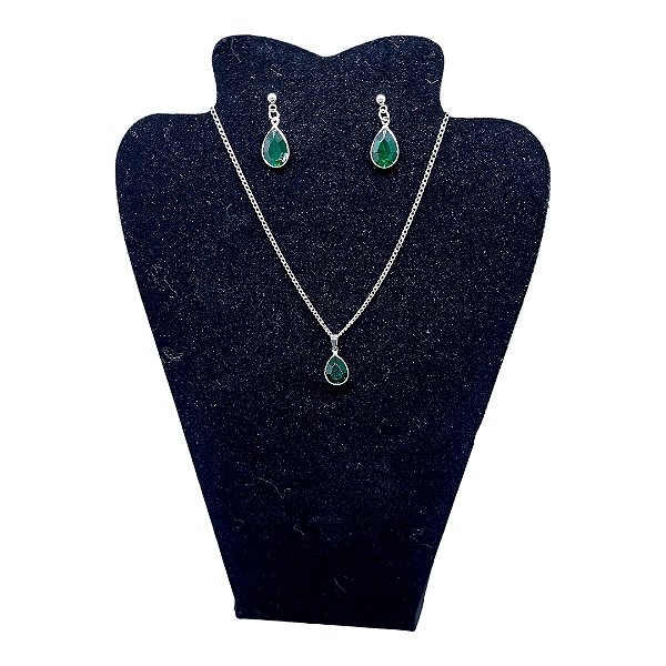 Conjunto Colar Brinco zircônia Ponto Luz GOTA VERDE AÇO INOX