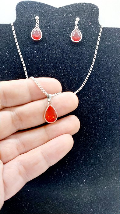 Conjunto CHOKER Colar Brinco zircônia GOTA VERMELHO AÇO INOX