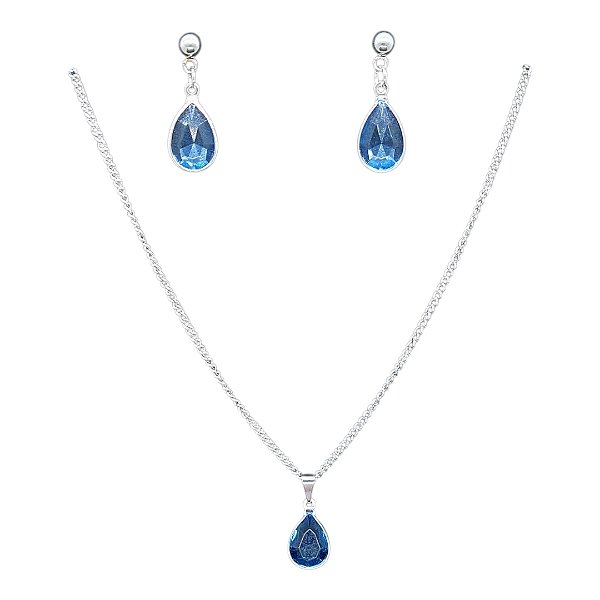 Conjunto Colar Brinco zircônia Ponto Luz GOTA AZUL AÇO INOX