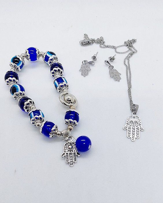 Conjunto AÇO INOX Colar Brinco PULSEIRA Mão Fátima OLHOGREGO