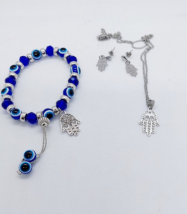 Conjunto FEMININO Colar Brinco PULSEIRA Mão de Fátima Hamsa