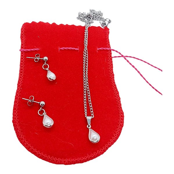 Conjunto Aço Inox GARGANTILHA Colar Brinco Pérola Gota Dágua