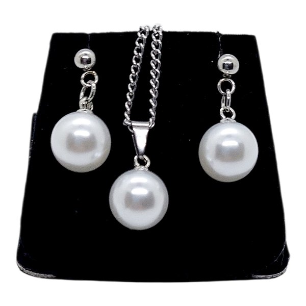 Conjunto Aço Inox Feminino CHOKER Colar Brinco Pérolas 9 MM