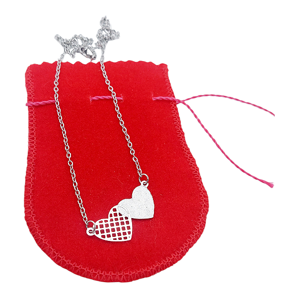 Colar CHOKER FEMININO AÇO INOX 2 CORAÇÃES PRATA CORRENTE
