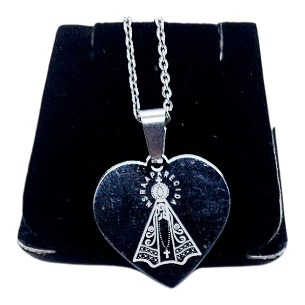 COLAR CHOKER AÇO INOX CORAÇÃO NOSSA SENHORA APARECIDA SANTA