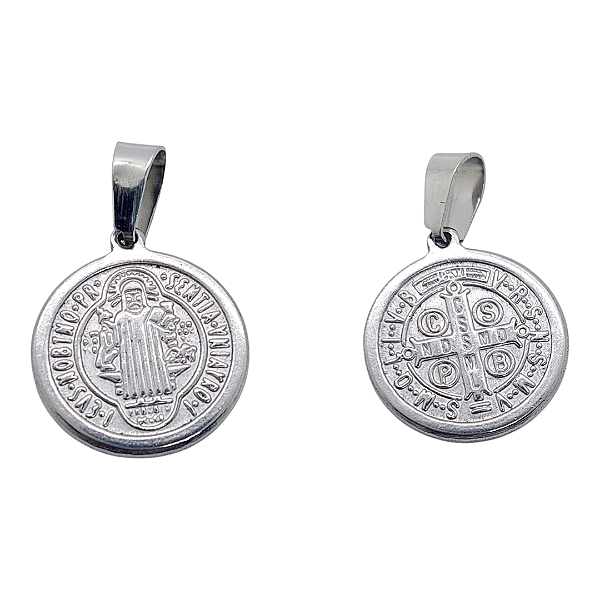 Pingente Aço Inox MEDALHA de SÃO BENTO RELEVO PRATA