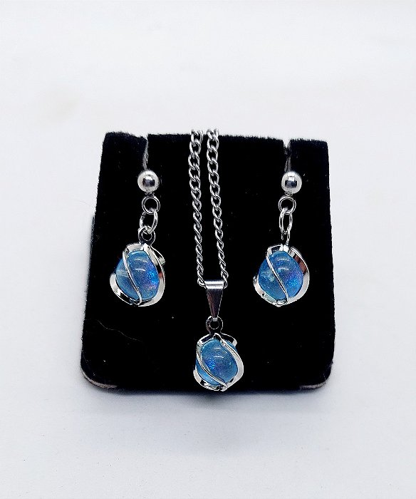 Colar Brinco Feminino CHOKER Aço Inox Pérola ESPIRAL azul