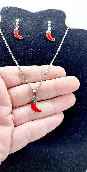 Conjunto Feminino AÇO INOX Colar Brinco PIMENTA VERMELHA