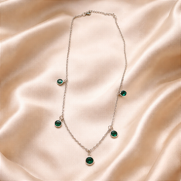 Colar CHOKER FEMININO AÇO INOX 5 PONTO LUZ VERDE Zircônia