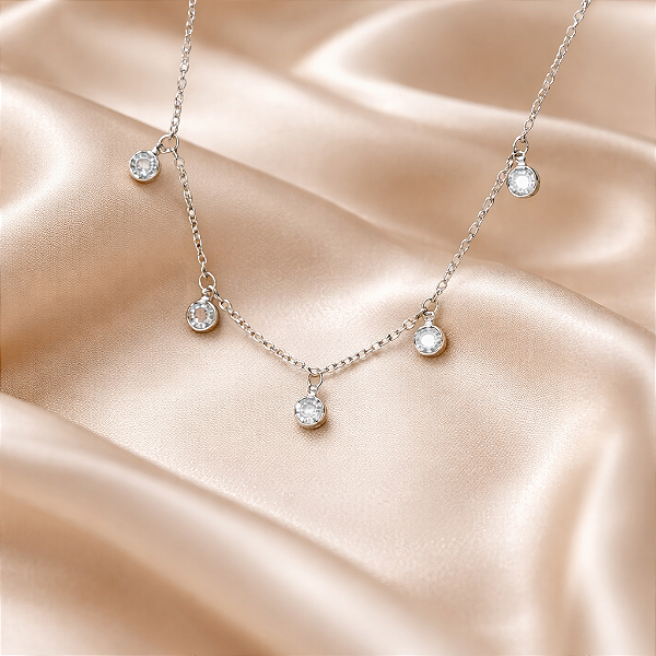 Colar CHOKER FEMININO AÇO INOX 5 PONTO DE LUZ BRANCO