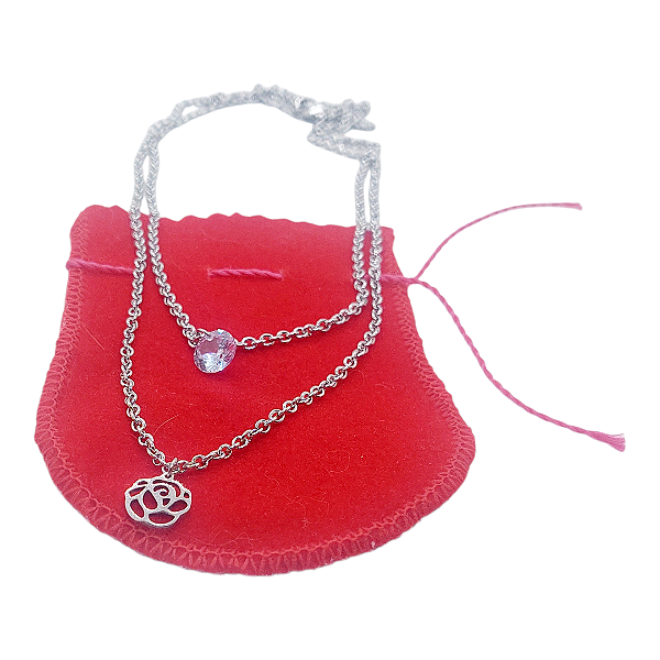Colar CHOKER Duplo AÇO INOX Pingente ROSA FLOR e Ponto Luz