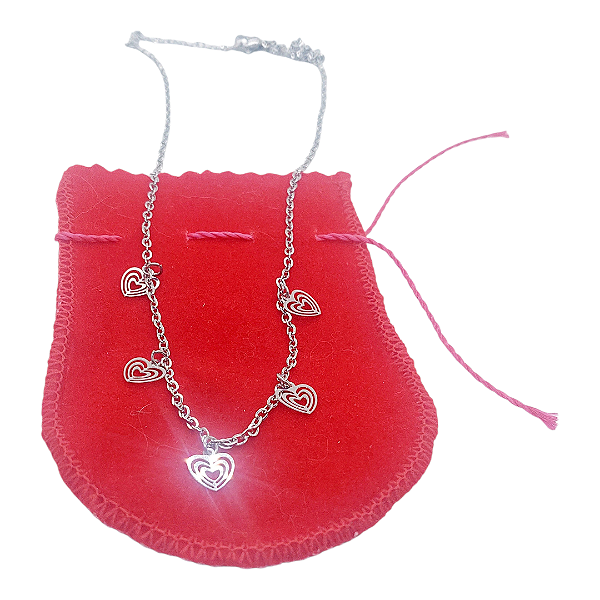 Colar choker Aço Inox 5 CORAÇÃO Vazado TRABALHADO Pingentes