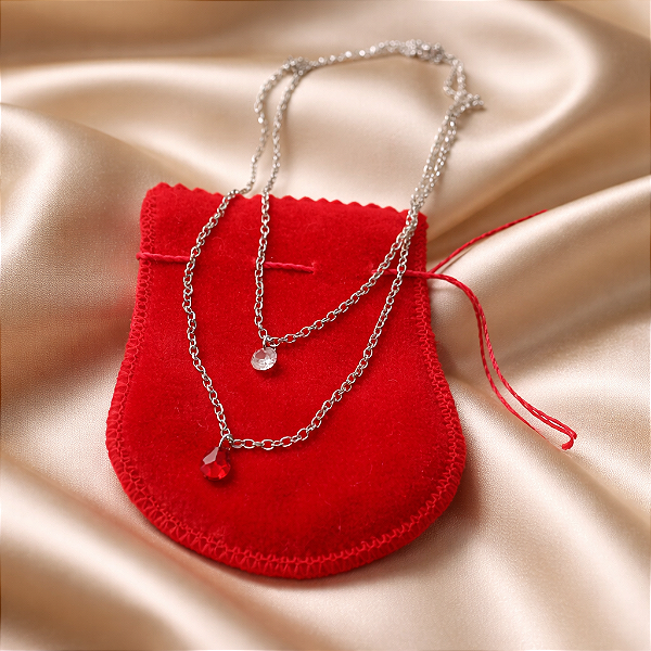 Colar CHOKER Duplo Luxo Brilhante Gota VERMELHA e Ponto Luz