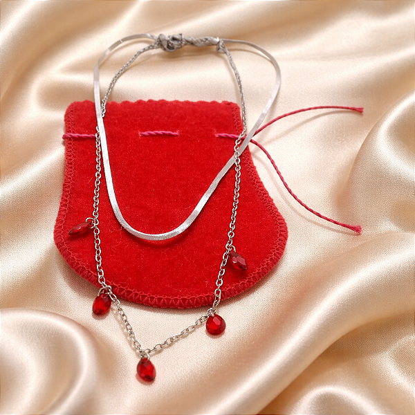 Colar CHOKER AÇO INOXIDAVEL Duplo Luxo SNAKE + GOTA VERMELHO