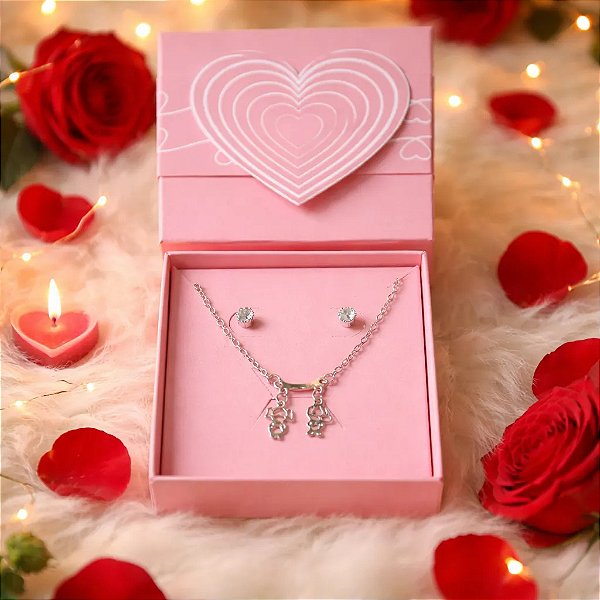 Presente Colar Choker+Brinco+CaixA Aço Inox 2 Filhos CASAL